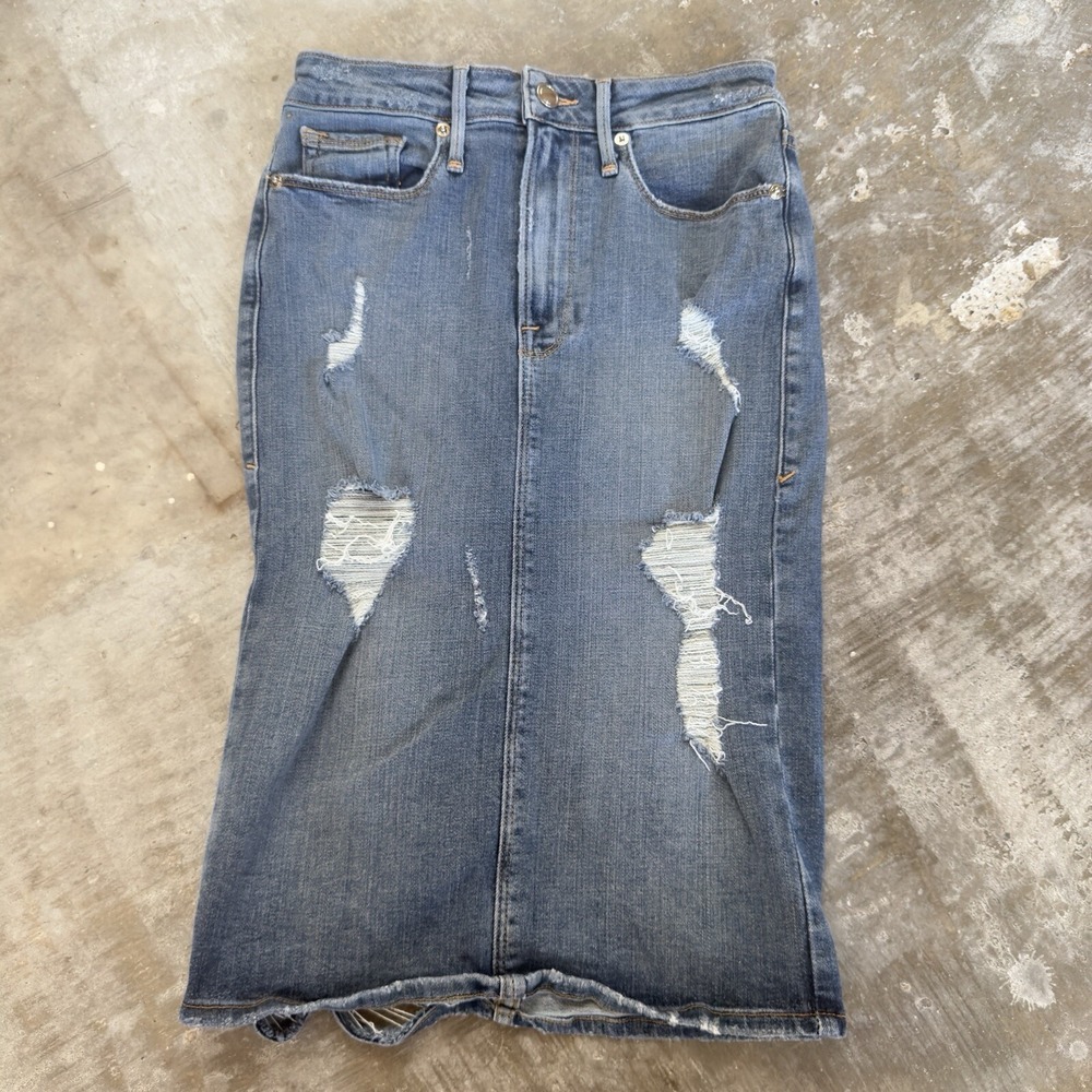 Good American Women's Skirt Denim Distressed Pencil Straight Blue Size 4/27